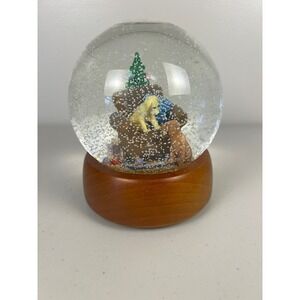 Pottery Barn Y2K Christmas Snow Globe Golden Retriever Puppies Wood Base 7.5 In